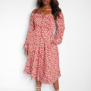 Rebdolls Red Floral Midi Fall Peasant off the shoulder Dress